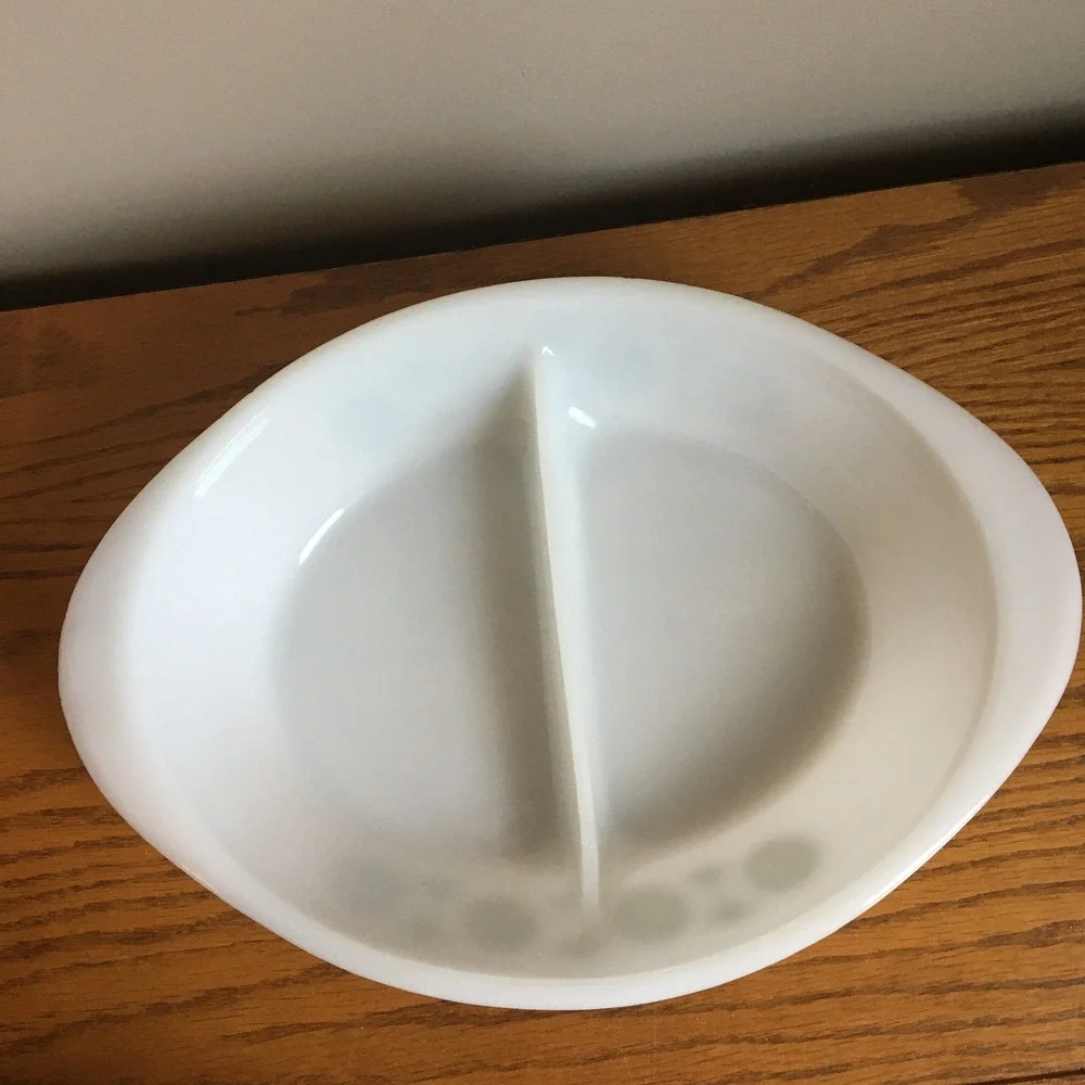Glasbake Divided Serving Dish 12in‎ White Excellent Green Pinwheel Fan J2352 MCM